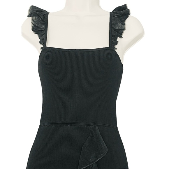 Sandro Laurana Black Ribbed Knit Ruffled Mesh Trimmed Mini Dress US Size 6 EU 38 - Picture 6 of 11